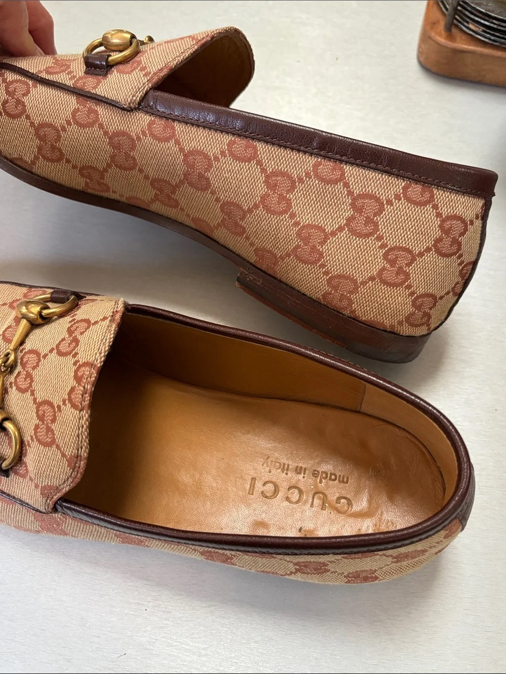 Gucci Men’s Beige/Brown GG Canvas Horsebit Loafers US 8 Authentic